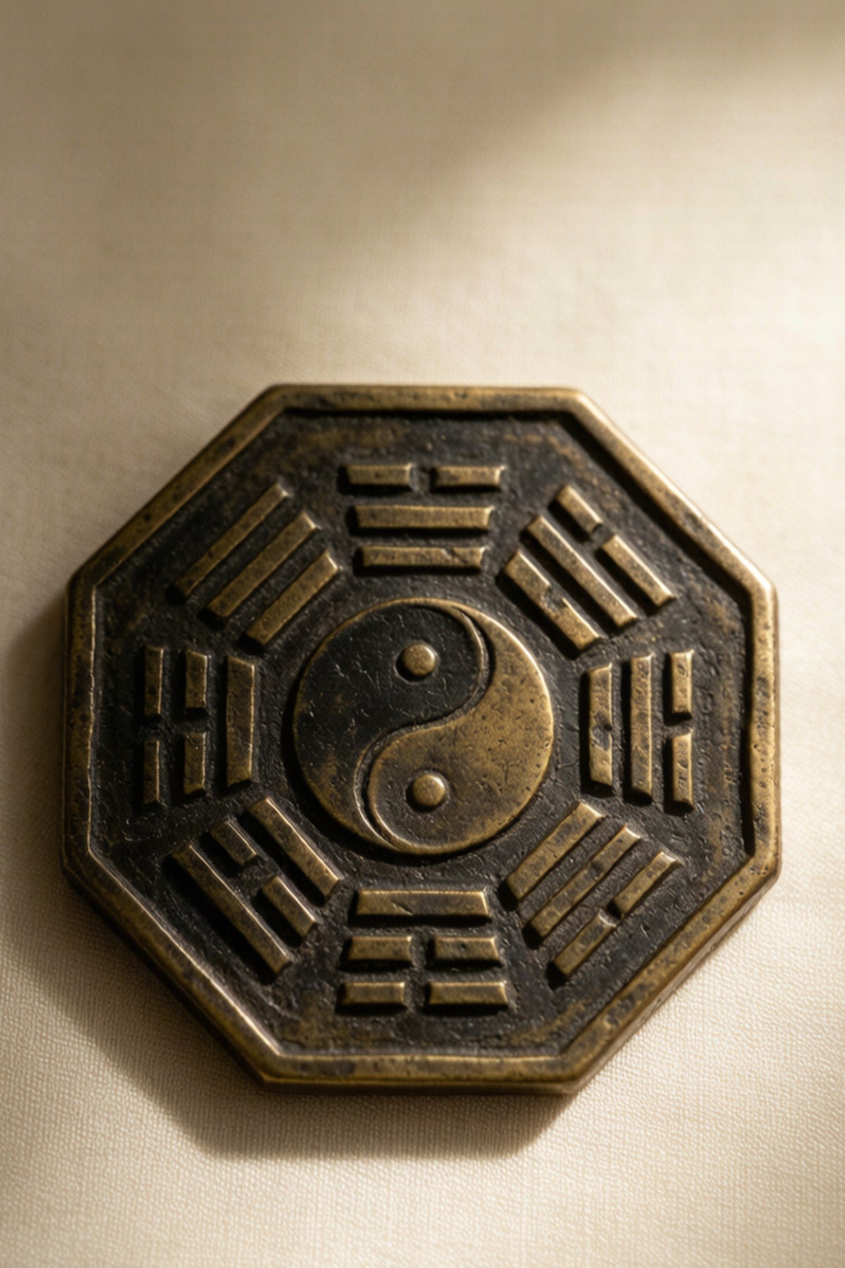 Bagua octagonal trigram emblem in aged bronze relief around a yin-yang center
