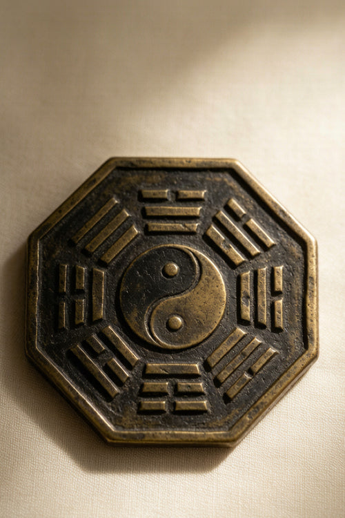Bagua octagonal trigram emblem in aged bronze relief around a yin-yang center