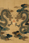 Two Chinese dragons reaching for a flaming pearl amid swirling clouds, classical ink painting