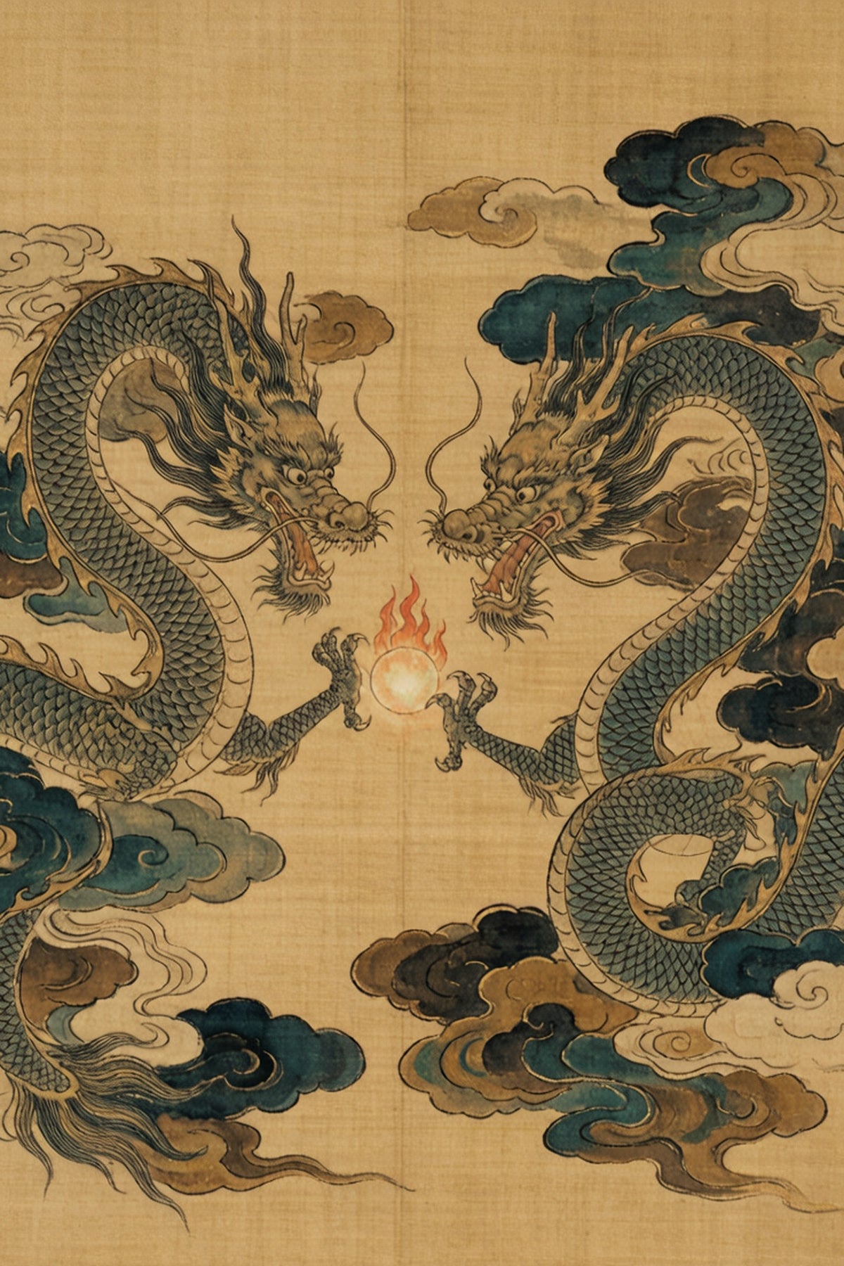Two Chinese dragons reaching for a flaming pearl amid swirling clouds, classical ink painting