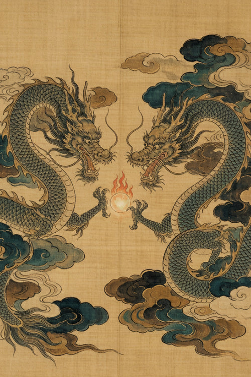 Two Chinese dragons reaching for a flaming pearl amid swirling clouds, classical ink painting