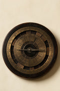 Antique luo pan feng shui compass, top-down view of concentric wooden rings and a bronze needle