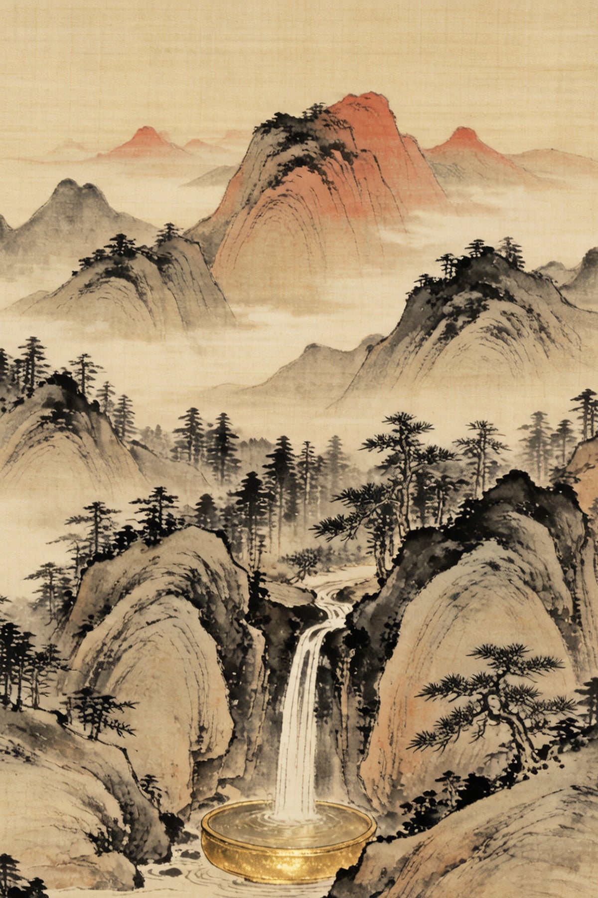 Feng shui wealth bowl landscape — a waterfall flowing into a golden bowl among pines, classical Chinese ink painting